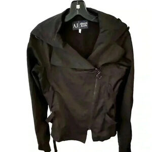 Armani Jeans women’s black cotton blend moto zip up jacket with hood. Size 6